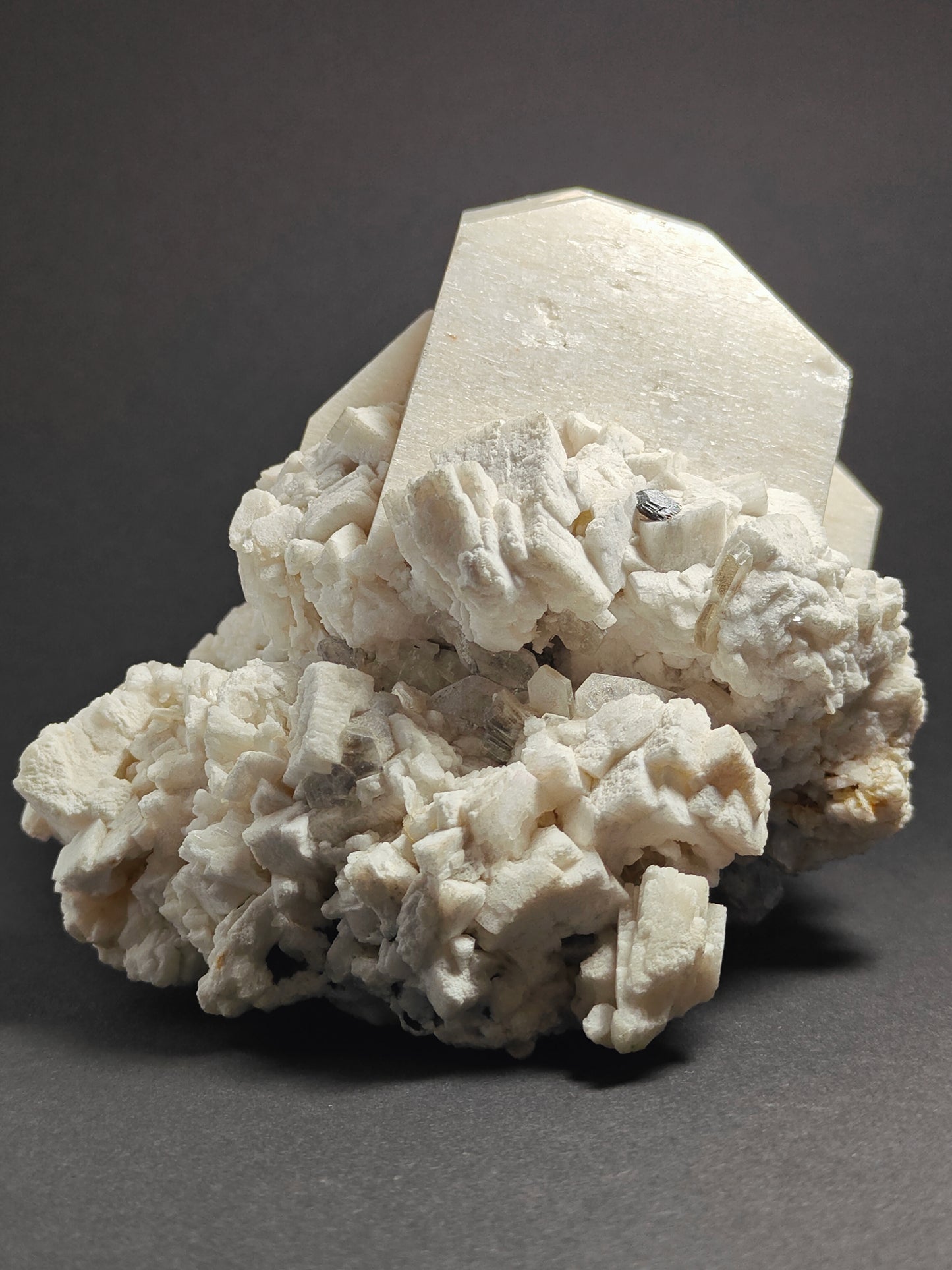 Cabinet-Size Feldspar Specimen with Muscovite, Schorl, and Quartz Point