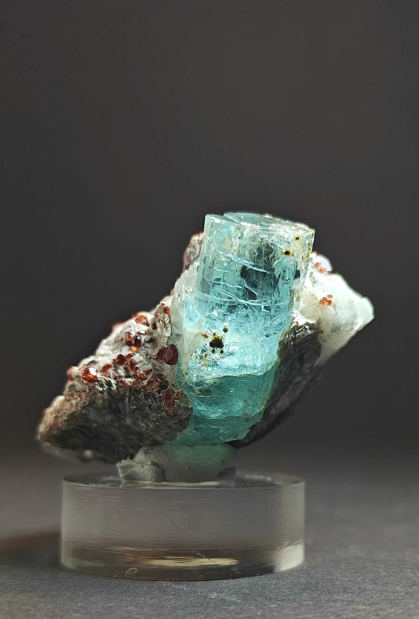 Rare Aquamarine Specimen with Garnets on Matrix