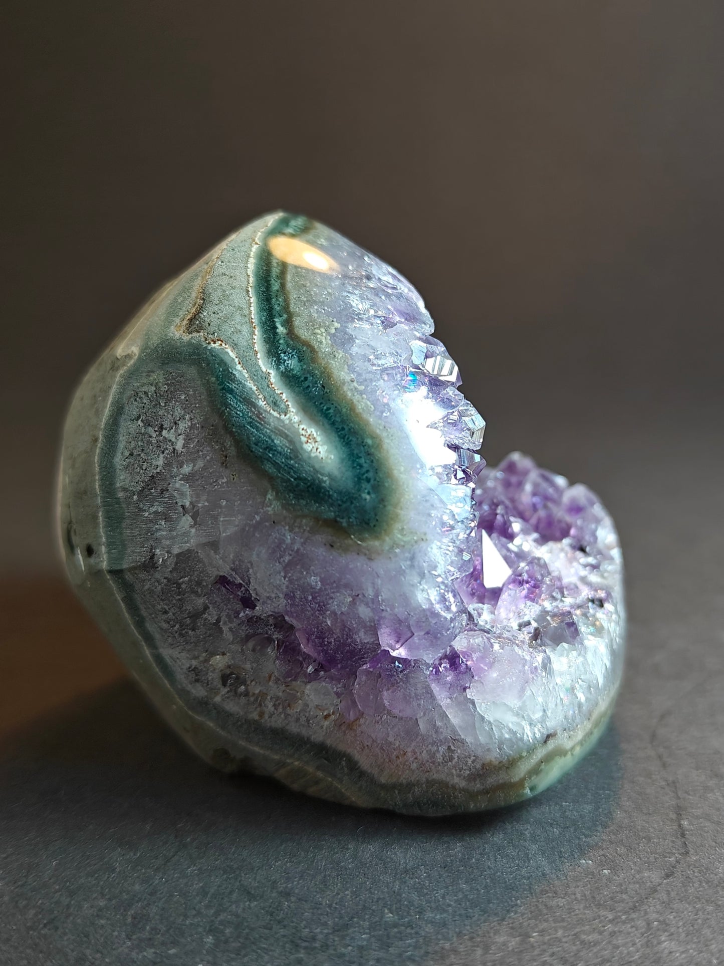 Amethyst Cavity Cut Base Polished with Calcite from Uruguay – 282 Grams