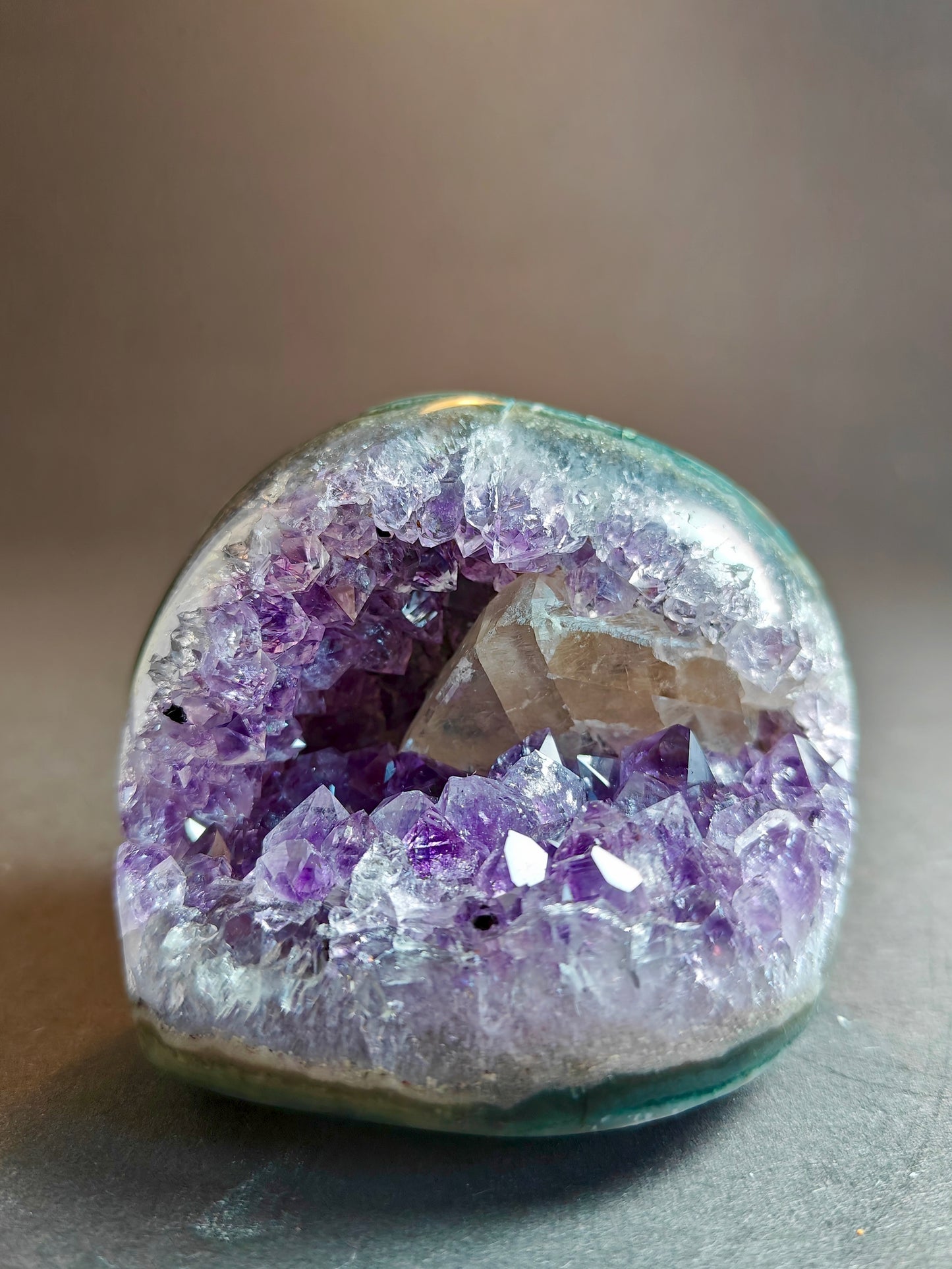 Amethyst Cavity Cut Base Polished with Calcite from Uruguay – 282 Grams