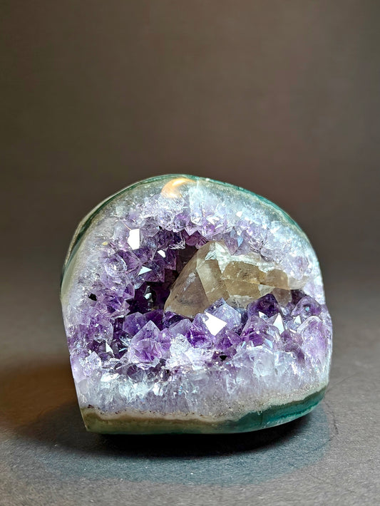 Amethyst Cavity Cut Base Polished with Calcite from Uruguay – 282 Grams