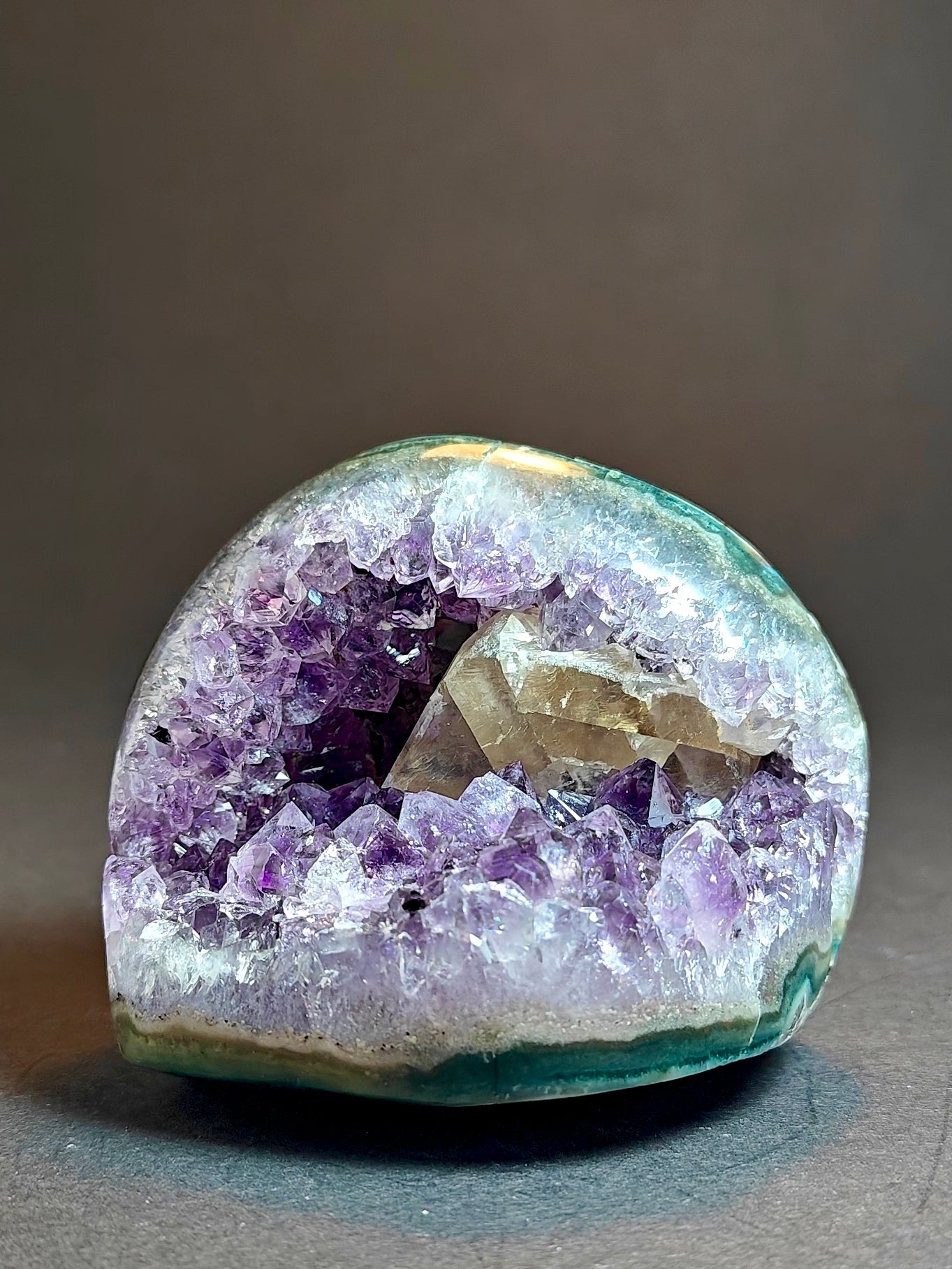 Amethyst Cavity Cut Base Polished with Calcite from Uruguay – 282 Grams