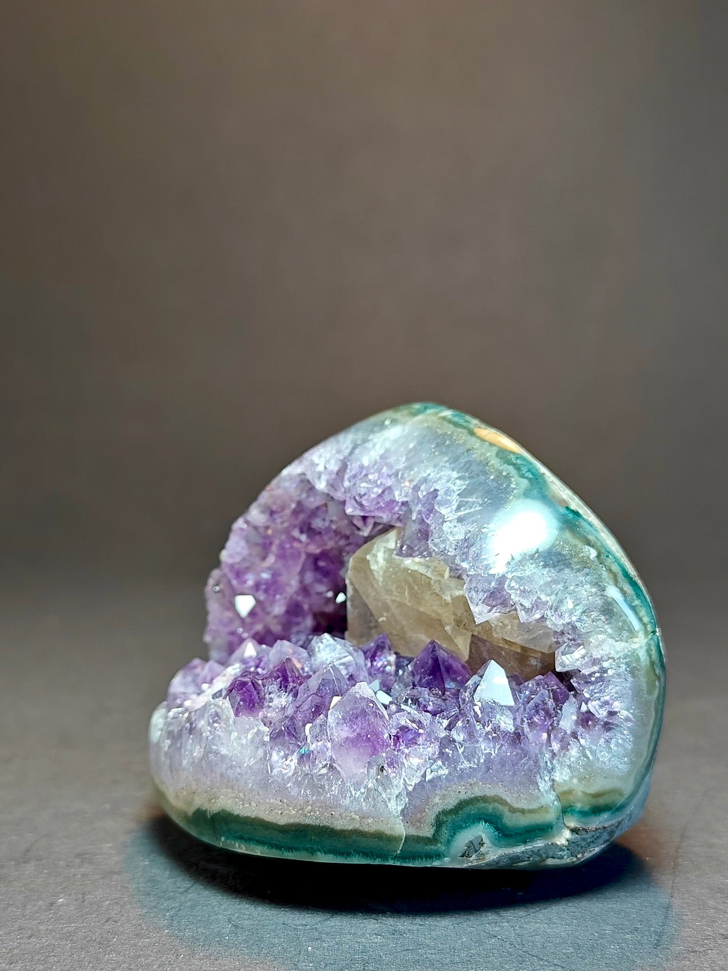 Amethyst Cavity Cut Base Polished with Calcite from Uruguay – 282 Grams