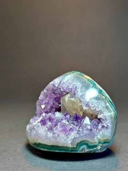 Amethyst Cavity Cut Base Polished with Calcite from Uruguay – 282 Grams