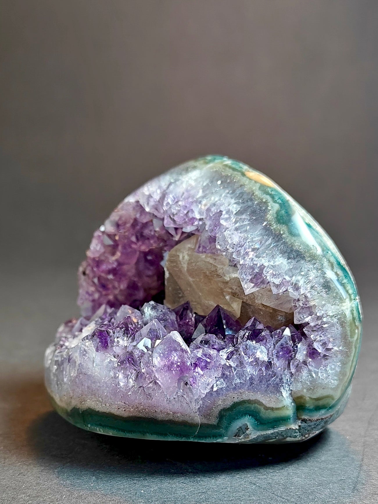 Amethyst Cavity Cut Base Polished with Calcite from Uruguay – 282 Grams