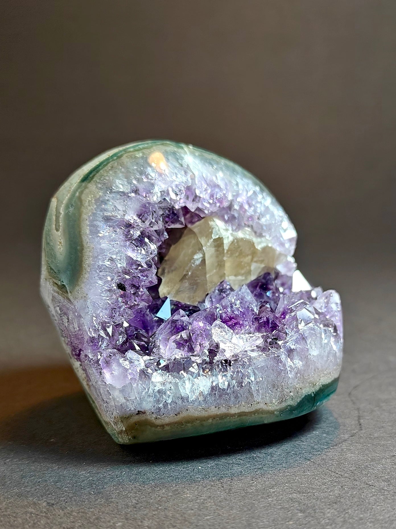 Amethyst Cavity Cut Base Polished with Calcite from Uruguay – 282 Grams