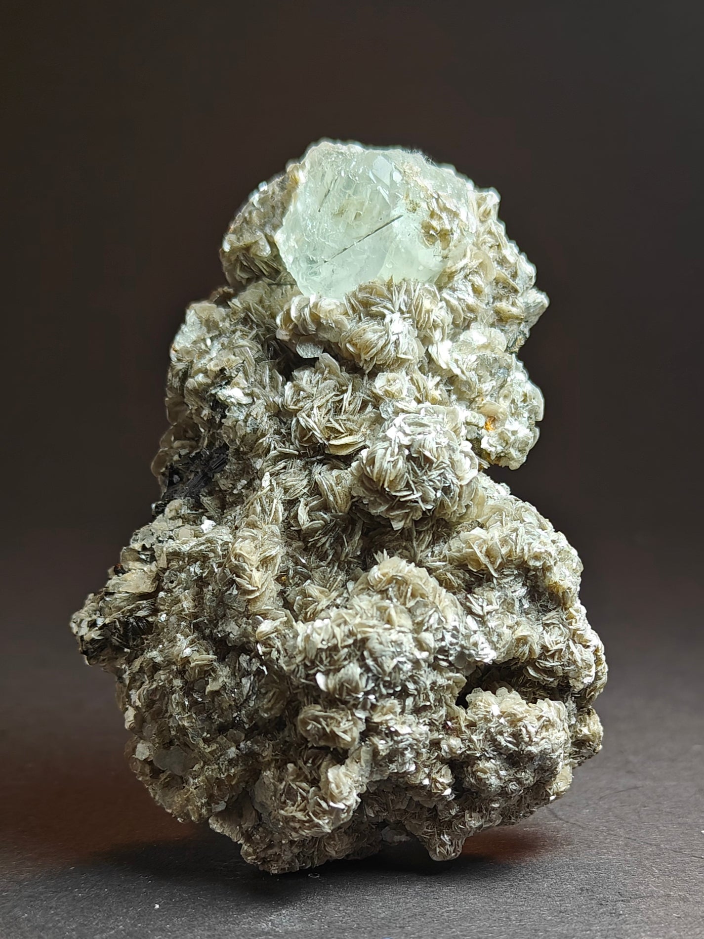 Aquamarine with Schorl Inclusions on Muscovite Matrix – 180 Grams